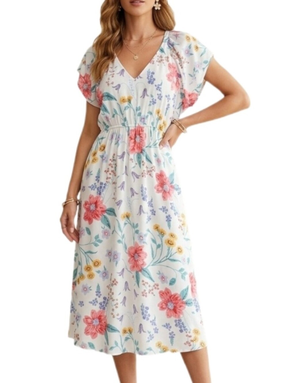 Old Navy Dress Floral Cottagecore Flutter Sleeve White Size SP